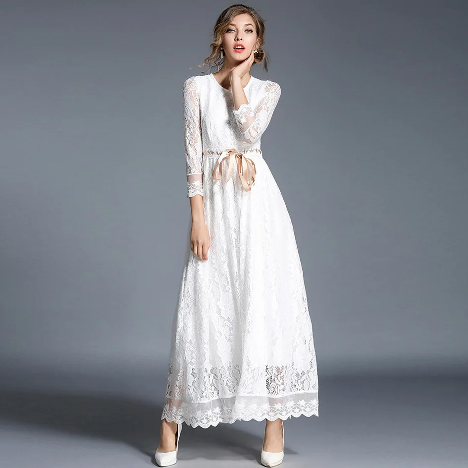

Europe And America WOMEN'S Dress 2018 Early Spring New Style Lace Lace-up Bow Waist Hugging Long Big Hemline Lace Trend Dress