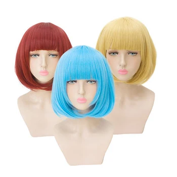 

DIANQI 14 inch synthetic short bob straight wigs with bang blue golden red black white purple pink brown hair for women