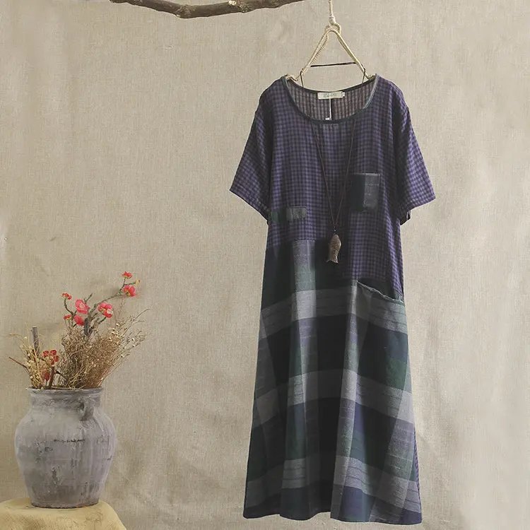 

Summer New Style Loose And Plus-sized Women's Mid-length over-the-Knee Short Sleeve Fashion Plaid Stitching Cotton Linen Dress S