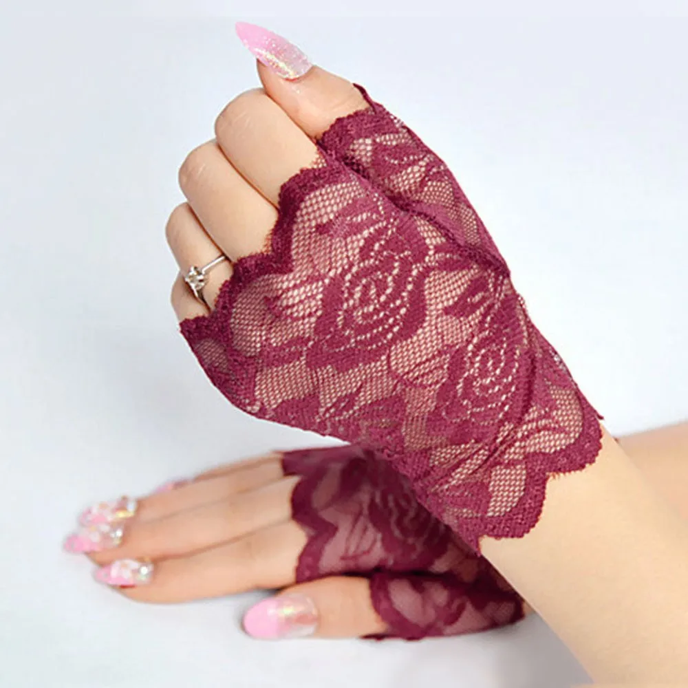 

Summer Thin Lady's Lace Gloves Gothic Sexy Fingerless Black Floral Short Hollow White Red Party Gloves UV-Proof Hollow Gloves