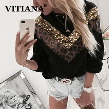 VITIANA, повседневные толстовки, толстовка, осень, женские, с длинным рукавом, леопардовые, черные, с блестками, толстовки с капюшоном, женские толстовки, топы
