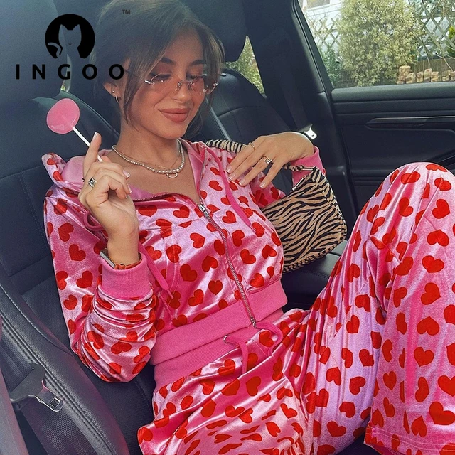 INGOO Hot Girl 2 Pieces Set Y2K Love Printed Cardigan Hooded Sweater Lace-up Trousers Street Women Tracksuit Casual Outfits Suit 1