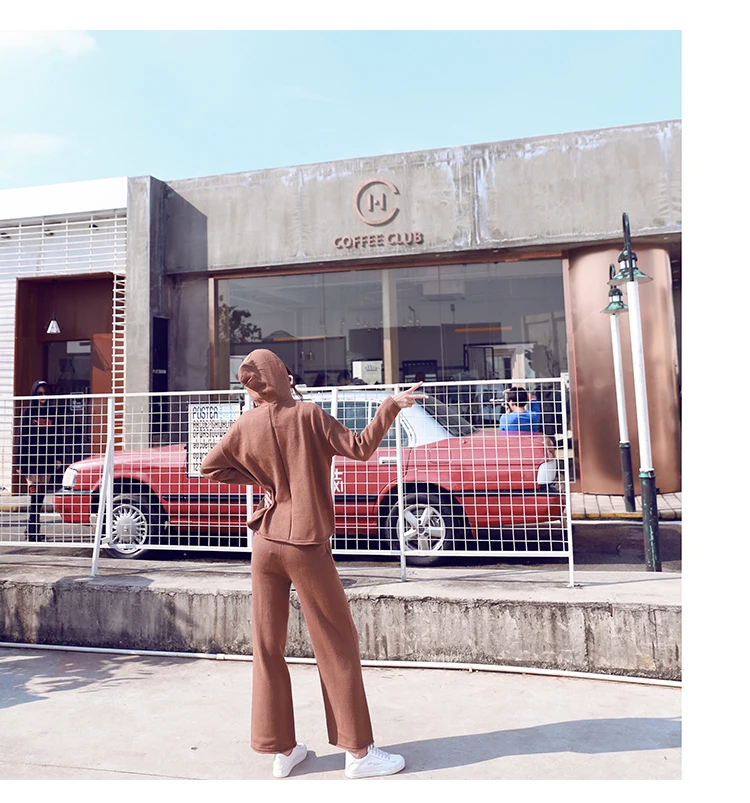 2019 осенний Модный трикотажный топ с капюшоном + широкие брюки женские комплекты из двух предметов однотонные тонкие Cпортивные костюмы