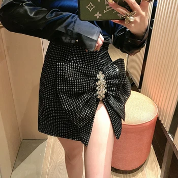 

2020 Spring New High Waist Plaid Drill Diamond Buckle Slit Skirt Women Sexy Large Bow Wrapped Skirt Party Mini Skirts