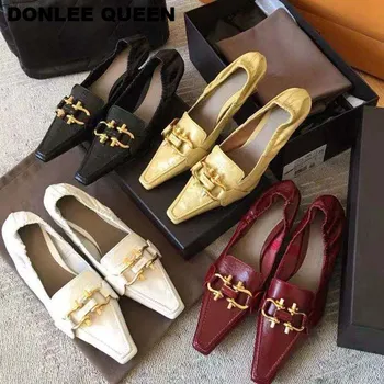 

2020 New Spring Shoes Women Heel Pumps Retro Metal Buckle Shoes Square Toe Low Heels Slip On Work Shoes Wedding zapatos de mujer