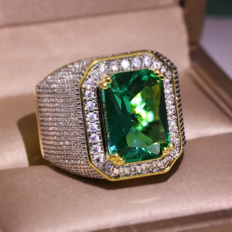 14K Yellow Gold Color Natural Emerald Ring for Men Green Gemstone AAA Zircon Jewelry Setting Ring for gold rings,gemstone ring,golden ring,emerald gemstone ring,natural stone ring