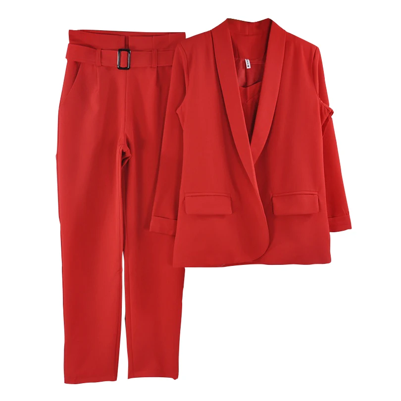 Taotrees Women's Solid Color Blazer Pant Suits Office Lady Jacket and Sling Tops and Trouser Workwear Three Piece Sets - Цвет: Red