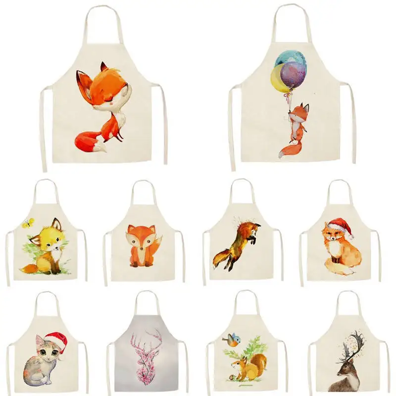 1Pcs Kitchen Apron Cartoon animal fox women Printed Sleeveless Cotton Linen Aprons for Men Women Home Cleaning Tools WQTF06