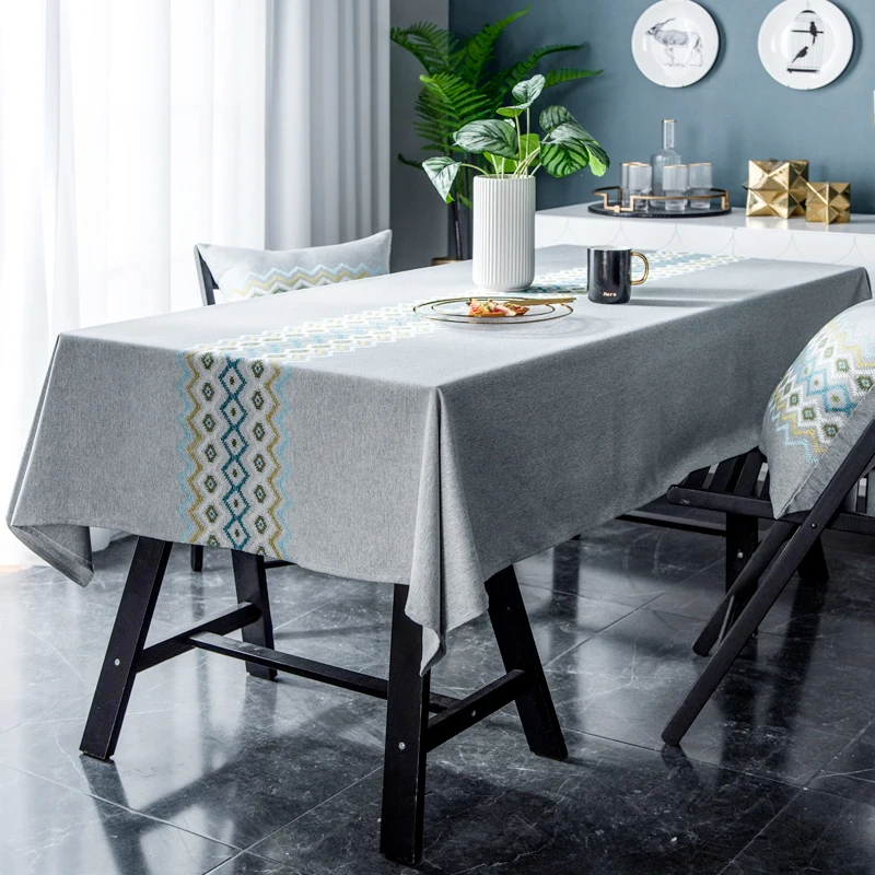 

Tablecloth cotton and linen small fresh Chinese style simple modern solid color embroidered fabric waterproof tea tablecloth