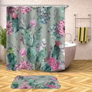 

35Waterproof Shower Curtain Cactus Flowers Bath Curtains For Bathroom Bathtub Bathing Cover Extra Large Wide With 12pcs Hooks