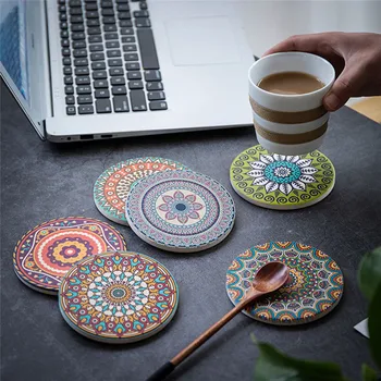 

Hot Ceramic Round Coasters Mandala Flower Printed Unfading Non-Slip Insulated Place Mat Home Decor Wedding Supplies