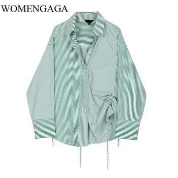 

Loose Women Green Striped Drawstrig Big Size Blouse Lapel Long Sleeve Loose Fit Shirt Fashion Spring Autumn 2020 IRAK