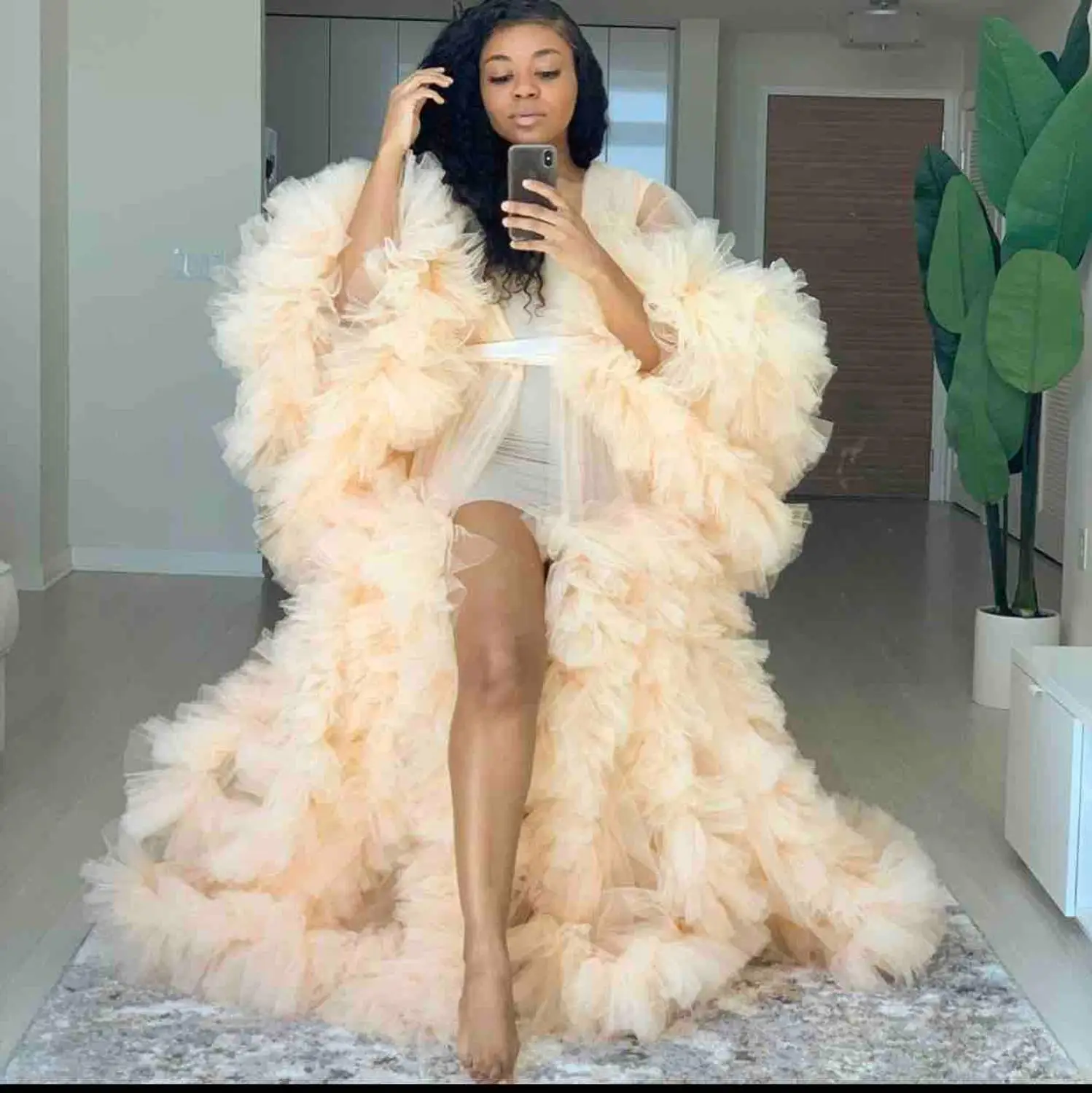 Women Illusion Ruffles Tulle Long Sleeve Women Winter Sexy Kimono Pregnant Party Sleepwear Women Bathrobe Sheer Nightgown Robe