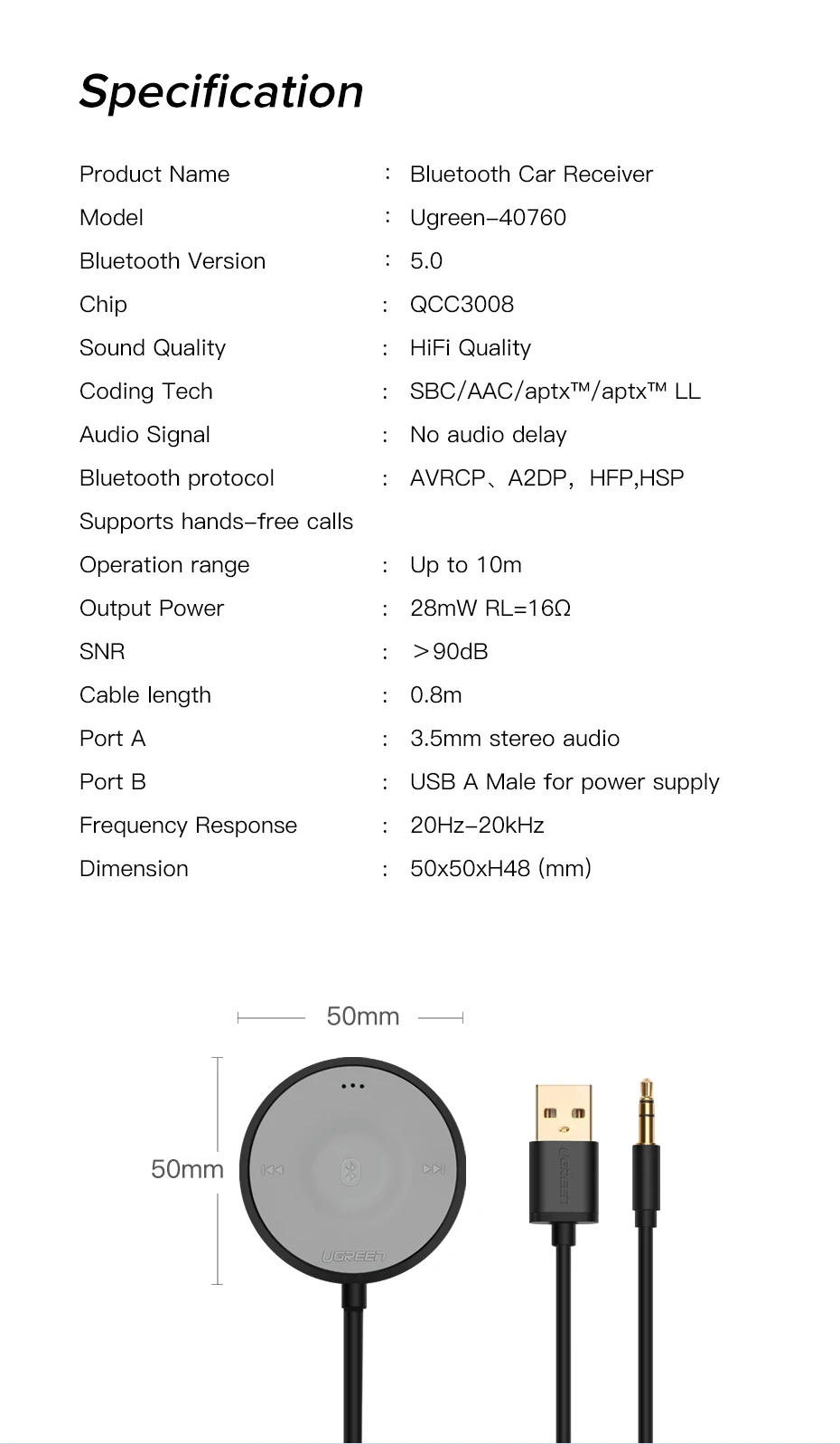 UGREEN Bluetooth 5,0 автомобильный комплект приемник aptX LL беспроводной 3,5 AUX адаптер для автомобильного динамика USB Bluetooth 3,5 мм разъем аудио приемник