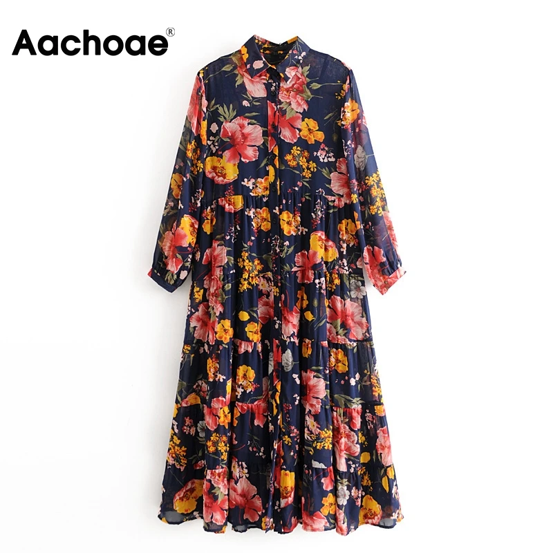 Aachoae Floral Print Boho Chiffon Dress Women Turn Down Collar Loose Shirt Dress Long Sleeve Pleated Beach Dresses Lady Vestido Aachoae Floral Print Boho Chiffon Dress Women Turn Down Collar Loose Shirt Dress Long Sleeve Pleated Beach Dresses Lady Vestido