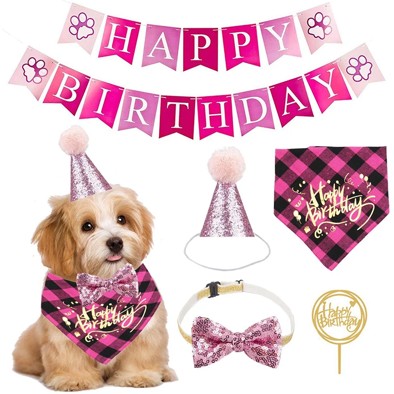 Pet Dog Happy Birthday Banner Hat Crown Bowtie Cake Topper Bandana Neckerchief Party Decor Supplies | Дом и сад