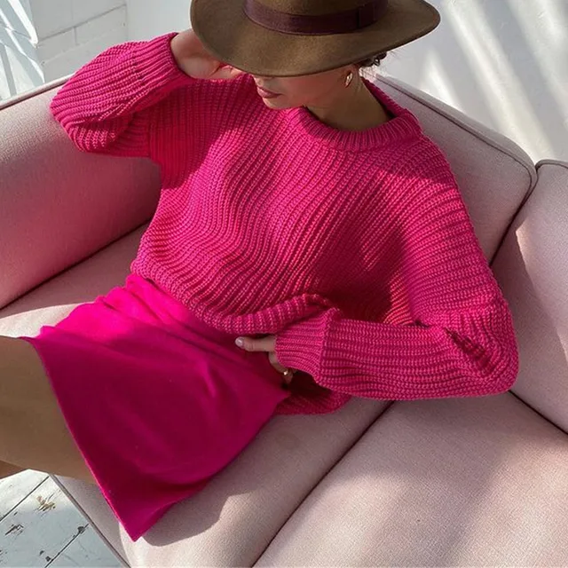 Women Solid Knitted Thickening Oversized Sweater Female Round Neck Long Sleeve Casual Loose Pullovers Top 2021 Autumn Winter Rose Red
