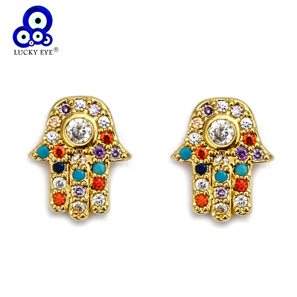 Женские серьги гвоздики Lucky Eye Hamsa золотого цвета с инкрустацией и радужным