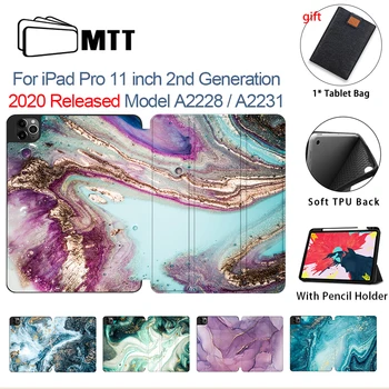 

MTT 2020 Marble Case For iPad Pro 11 2nd Generation Soft TPU PU Leather Fold Flip Stand Cover With Pencil Holder A2228 A2231