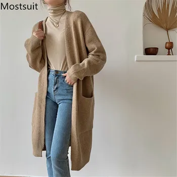 

Korean Knitted Long Cardigan Coat Women Full Sleeve Pockets Casual Fashion Ladies Tops 2020 Autumn Winter Loose Female Jumpers
