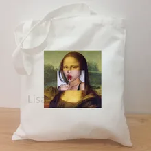 Винтажный Забавный дизайн Мона Лиза, новая модная Большая вместительная мультяшная летняя сумка на плечо, холщовая женская сумка для покупок, сумка для покупок