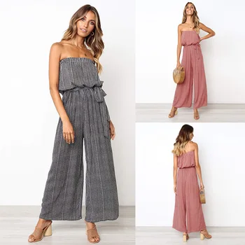 

Off Shoulder Sexy Jumpsuit Women Elegant Sashes Wide Leg Jumpsuit Long Rompers Summer Casual Stripe Print Overalls Playsuit 2019