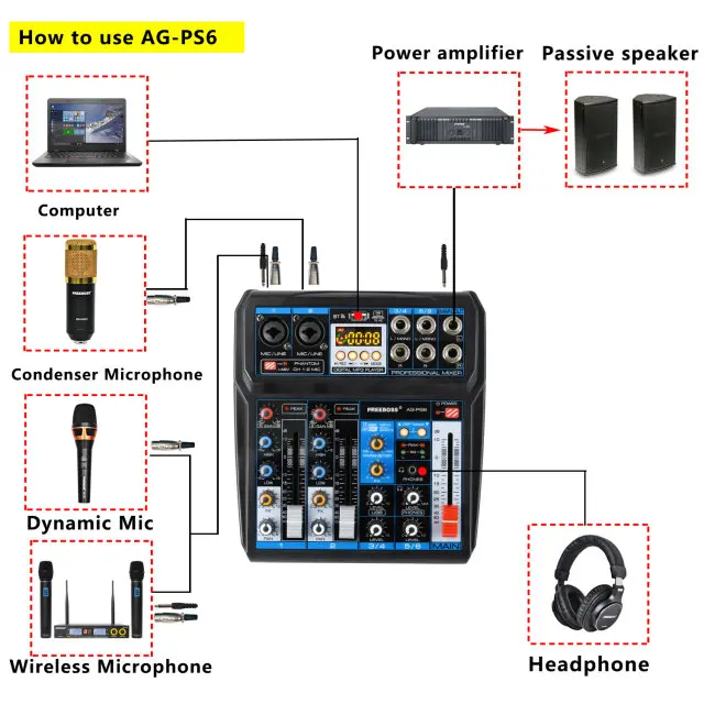AG-PS6 DC 5 в источник питания USB интерфейс 6 каналов 2 моно 2 стерео 16 цифровых эффектов аудио микшер