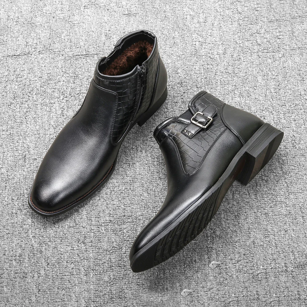 

Men Leather Shoes High Quality Warm Plush Men Winter Boots Retro Men Martin Boots Fashion Buckle Male Winter Shoes Black