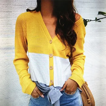 

V-Neck Colorblock Cardigans Winter Yellow Sweater Women Autumn Button Casual Sweater Elegant Women Knitting Mujer