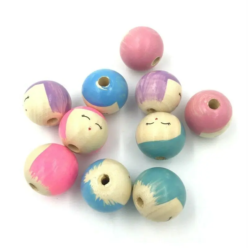 DIY 10PCS Natural Wood Beaded Dolls Smile Round Beads For Baby Pacifier Chain Crafts Bead Diameter 25mm Hole Diameter 5mm