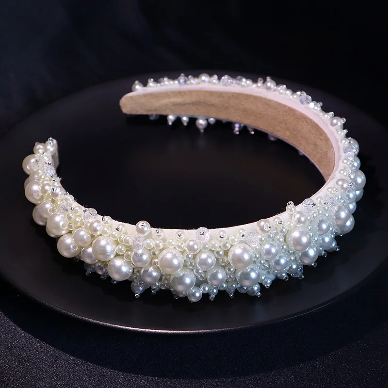 European and American Bride Pearl Headdress Celebrity Style Crystal Wide Hair Band Retro All-match Wedding Accessories