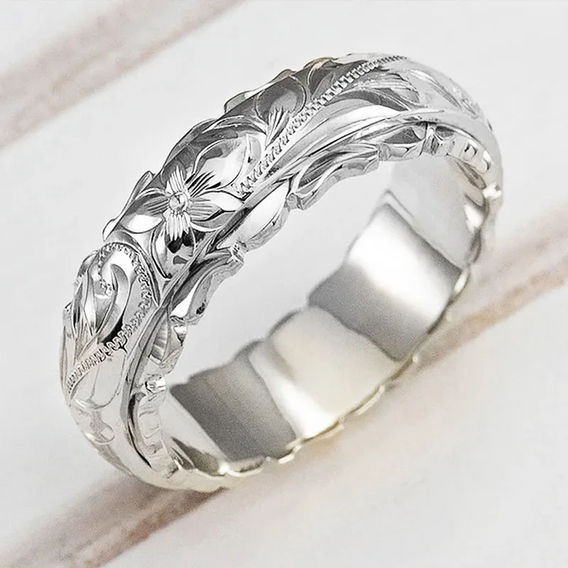 Huitan Elegant Craved Flower Pattern Women Band Ring 3 Metal Colors Available Fine Wedding Bridal Rings Classic Timeless Jewelry - Image 3