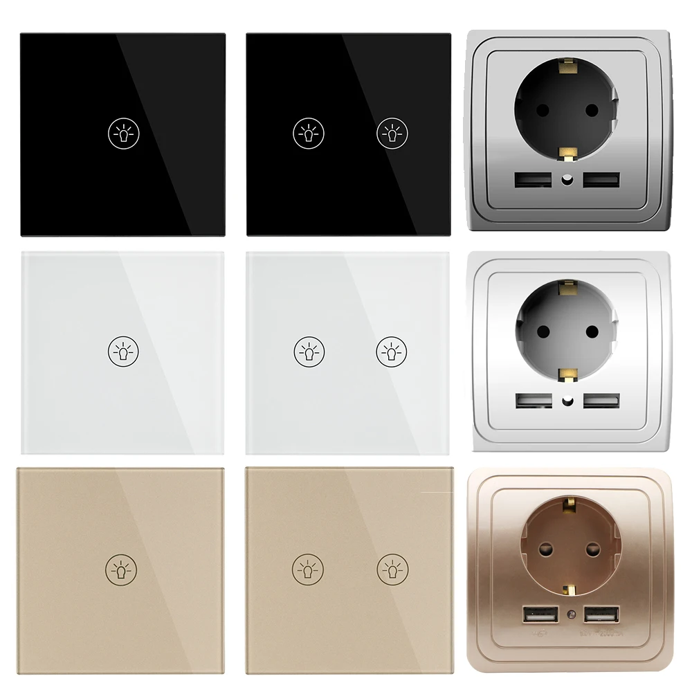 Smart Home Wall Touch Switch Eu Stanard Plug Socket Dual Usb Switches Crystal Glass 1 2 3 Gang 1 Way For Wall