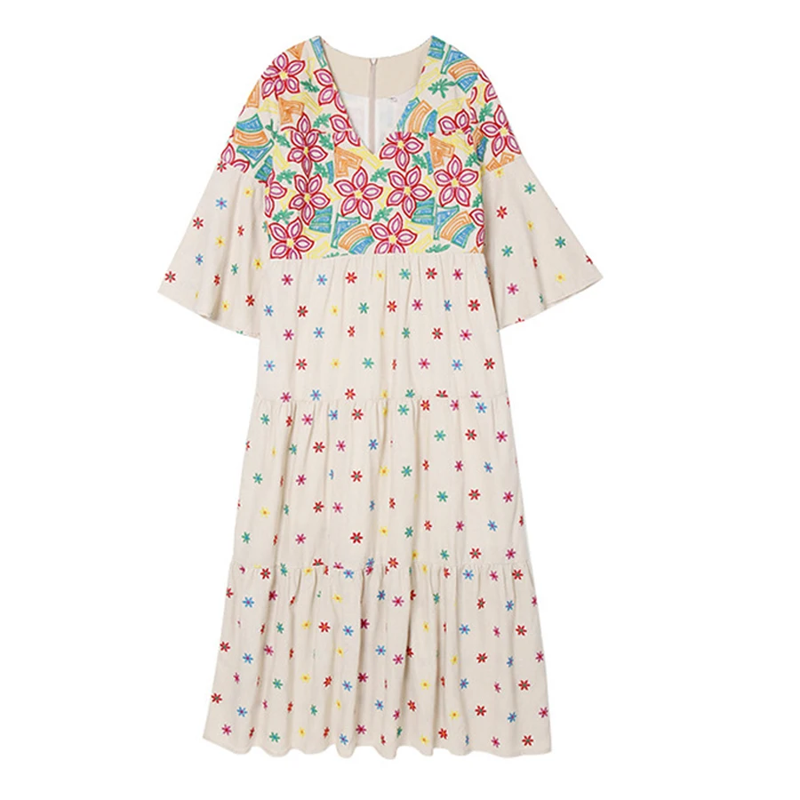

TEELYNN tunic maxi dress Beige cotton floral embroidery autumn dresses flare sleeve boho dresses loose women dresses vestidos