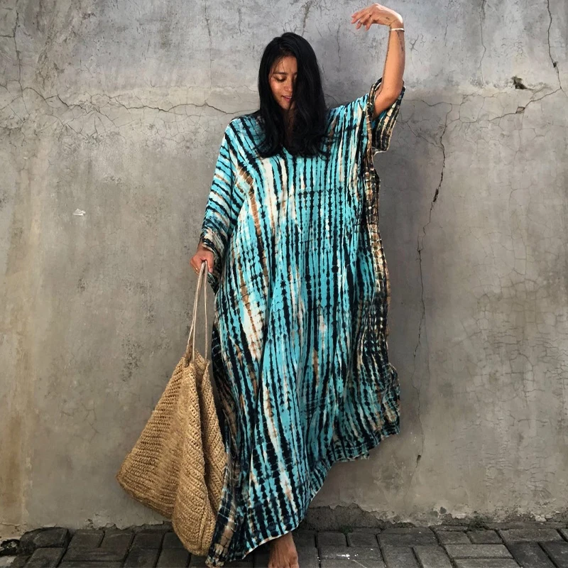 

2020 Bohemian Printed V-neck Batwing Sleeve Side Split Loose Cotton Dress For Women Clothes Plus Size Beachwear Maxi DressQ1218