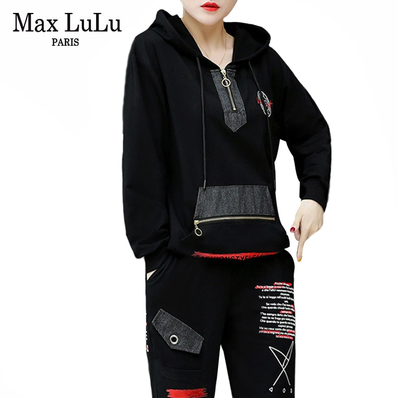 Max LuLu/ осенний корейский модный стиль, женские джинсовые топы и штаны, женские повседневные комплекты из двух предметов, спортивный костюм с капюшоном в стиле панк