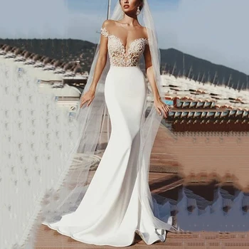 

Beach Vestido De Noiva Muslim Wedding Dresses Mermaid Cap Sleeves Lace See Through Boho Wedding Gown Bridal Dresses
