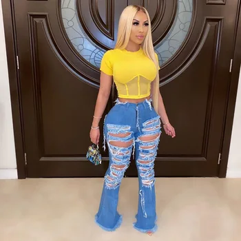 

Women High Waist Stretch Denim Jeans Pants Washed Holes Ripped Demin Jeggings Ladies Slim Fit Skinny Flare Jeans