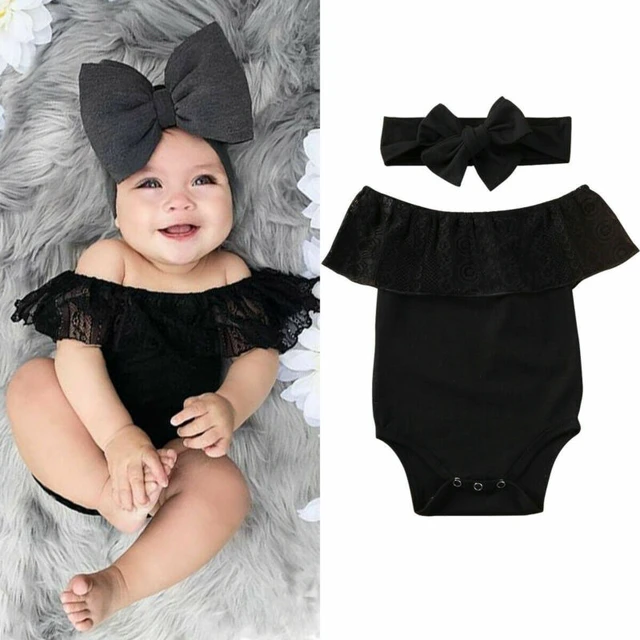 2020 tatlı siyah Bodysuit 2 adet yeni doğan kız bebek kıyafetleri kapalı  omuz dantel tulum tulum tulum + kafa bandı yaz kıyafeti - AliExpress