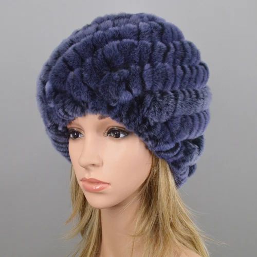 Женская русская настоящая шапка из меха кролика Рекс, зимняя вязаная шапка ручной работы, настоящий мех кролика, меховые шапки - Цвет: blue