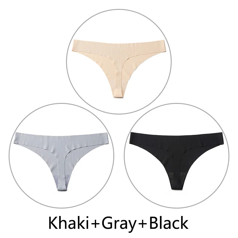 Khaki Gray Black 3 шт./партия, стринги в полоску и стринги, сексуальные бесшовные трусики, нижнее белье, цельное нижнее белье с низкой посадкой, однотонные XS-L, большие размеры США - Цвет: Khaki Gray Black