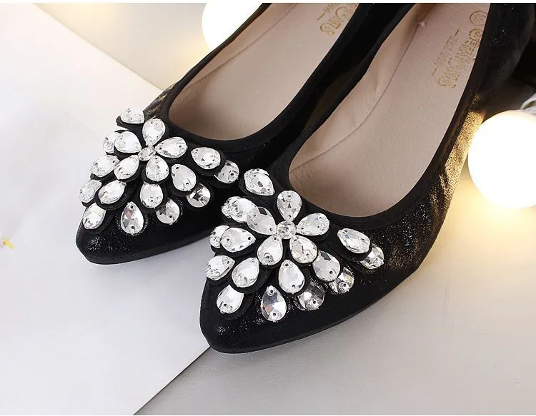 Женская обувь на плоской подошве с кристаллами; удобная обувь для беременных; женские складные балетки для невесты; квадратный каблук - Цвет: 6-Black