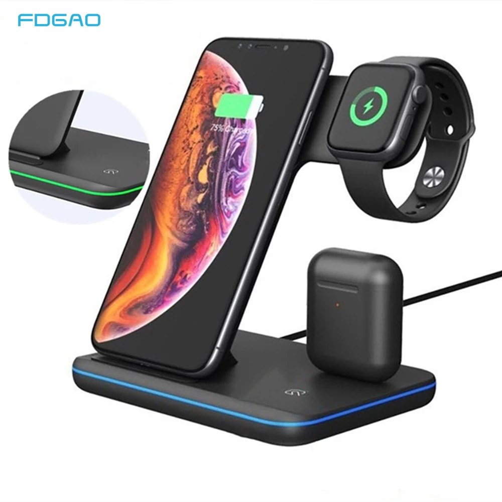 3 in 1 Fast Charging Station for AirPods Apple Watch 15W Qi Wireless Charger For iPhone 12 11 8 XS XR Samsung S21 Galaxy Note 20