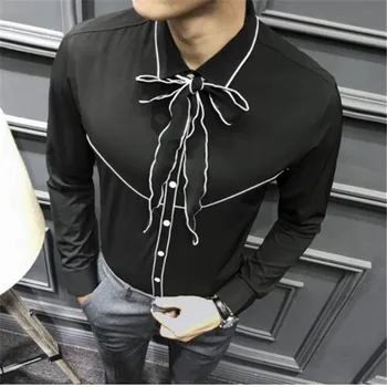 

Mens Ruffled Shirts Bowtie Binding Shirt Men Contrast Black White Green Camisa Social Slim Manga Longa Party Wedding Shirt