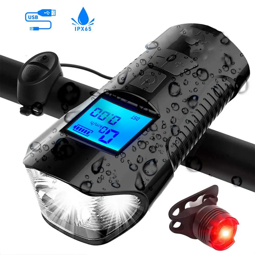 

Bike Light Set USB Rechargeable Bicycle Light Speedometer,with Bright Waterproof 4 Light Modes & Trumpet Fits Mountain,Road