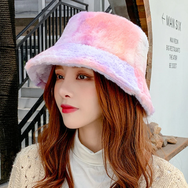 

HT3394 Bucket Hat Thick Warm Colorful Soft Fleece Women Hat Flat Top Packable Panama Hat Ladies Fishing Bucket Cap Winter Hat