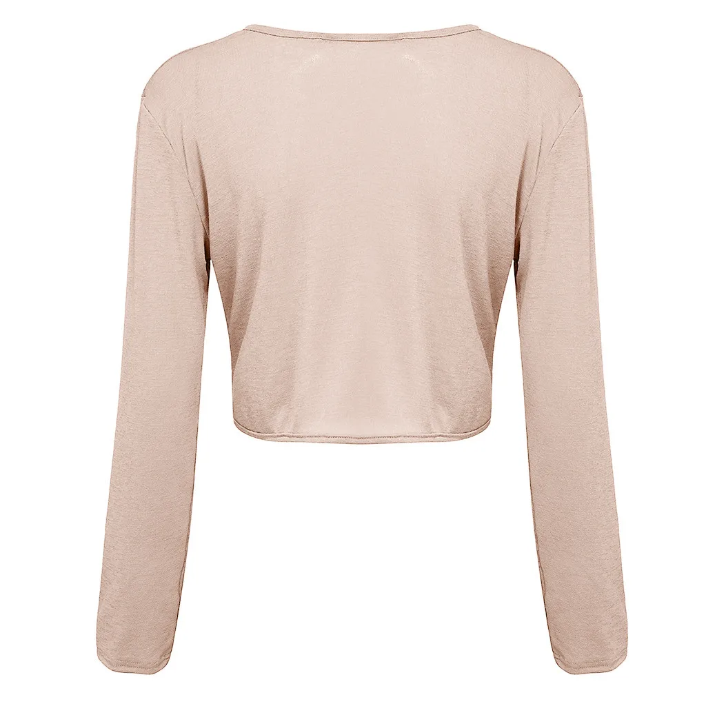 Poleras mujer de moda Харадзюку Модные Женские однотонные открытые передние Обрезанные кардиган с длинными рукавами и пуговицами топы футболки#730