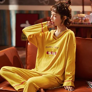 

Pajamas Sets Pure Cotton Fruit Print Fashion Long Sleeve Sleepwear Suit Women Cute Autumn Home Lounge Gift