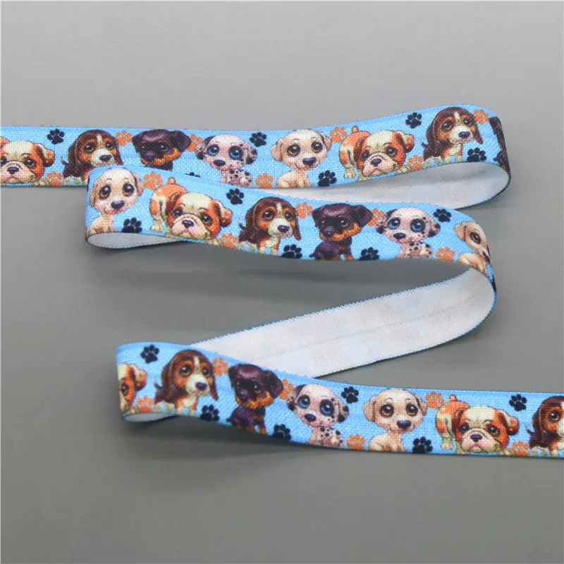 DHK 5/8'' 5yards dog printed Fold Elastic FOE stretch ribbon hairbow headwear headband DIY C1855