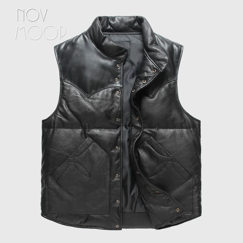 

Novmoop Canada chic style 90% white duck down vest men genuine leather warm moto biker coat sobretudo masculino manteau LT2836